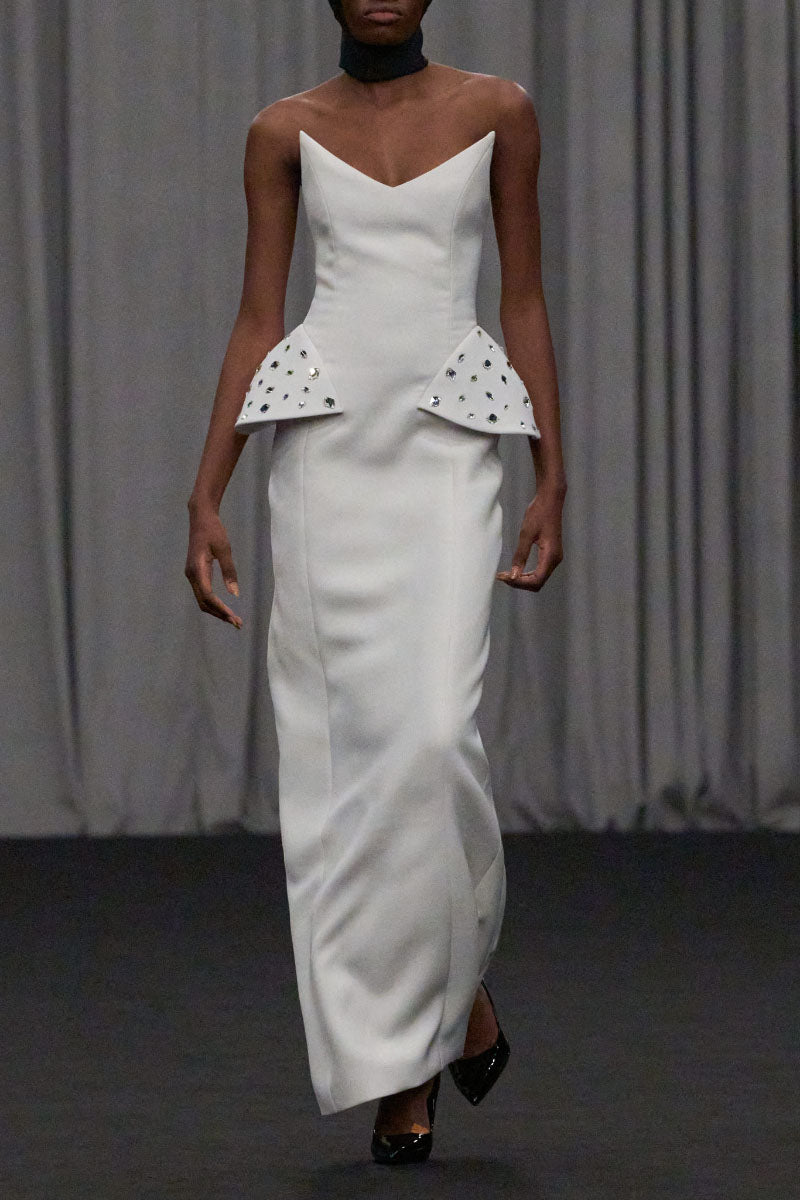 Lili Blanc strapless structured gown with a fitted bodice and flowing skirt, elegant evening dress for formal occasions.