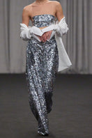Lili Blanc sequin fitted crop top with long sleeves and V-neck, shimmering fabric, stylish for evening wear.