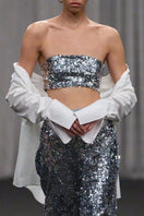Lili Blanc sequin fitted crop top with shimmering sequins, short sleeves, and a stylish, form-fitting design.