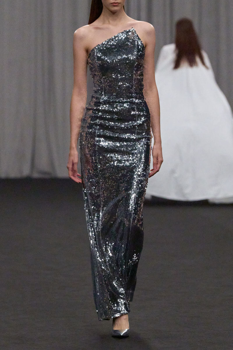 ASYMMETRIC NECKLINE SEQUIN DRESS | CULT MIA