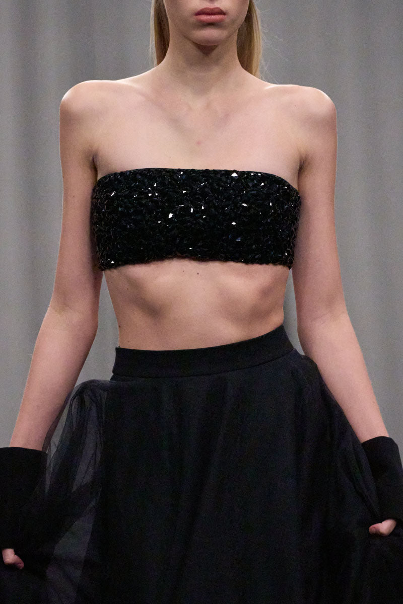 Lili Blanc crystal-embellished crop top and skirt co-ords set, featuring sparkling details and a stylish fit.
