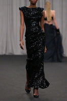 Elegant Lili Blanc sculpted sequin gown with fitted silhouette and shimmering embellishments, perfect for formal occasions.
