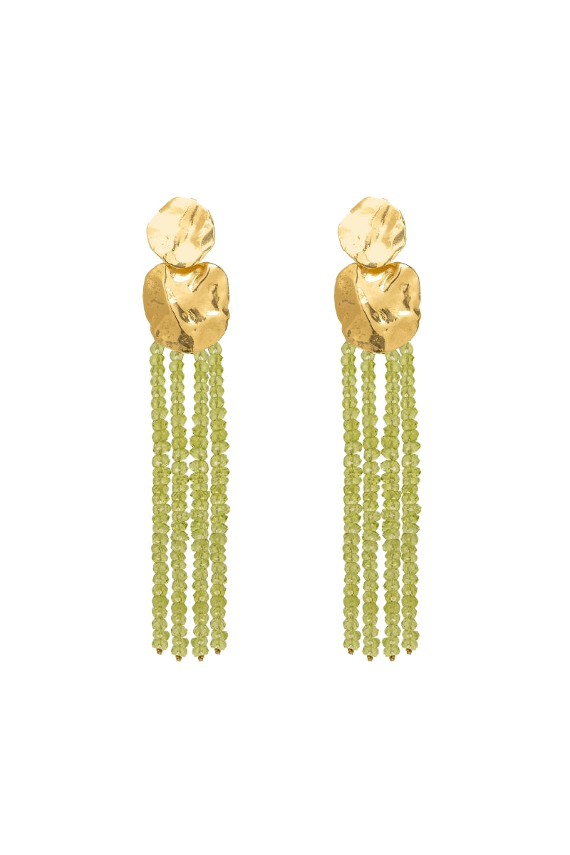 Lavani Jewels Liliana green earrings with gold accents, showcasing elegant dangle earrings with intricate design and vibrant color.