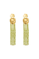 Lavani Jewels Liliana green earrings featuring a gold finish with intricate design and dangling style.