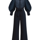 Navy blue Lilianne jumpsuit by ANA + MARIA featuring a fitted waist and wide-leg pants, displayed on a ghostly mannequin.