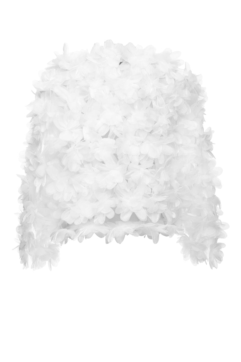 White Lilia floral cardigan by Matters featuring a delicate cape design, perfect for adding elegance to any outfit.