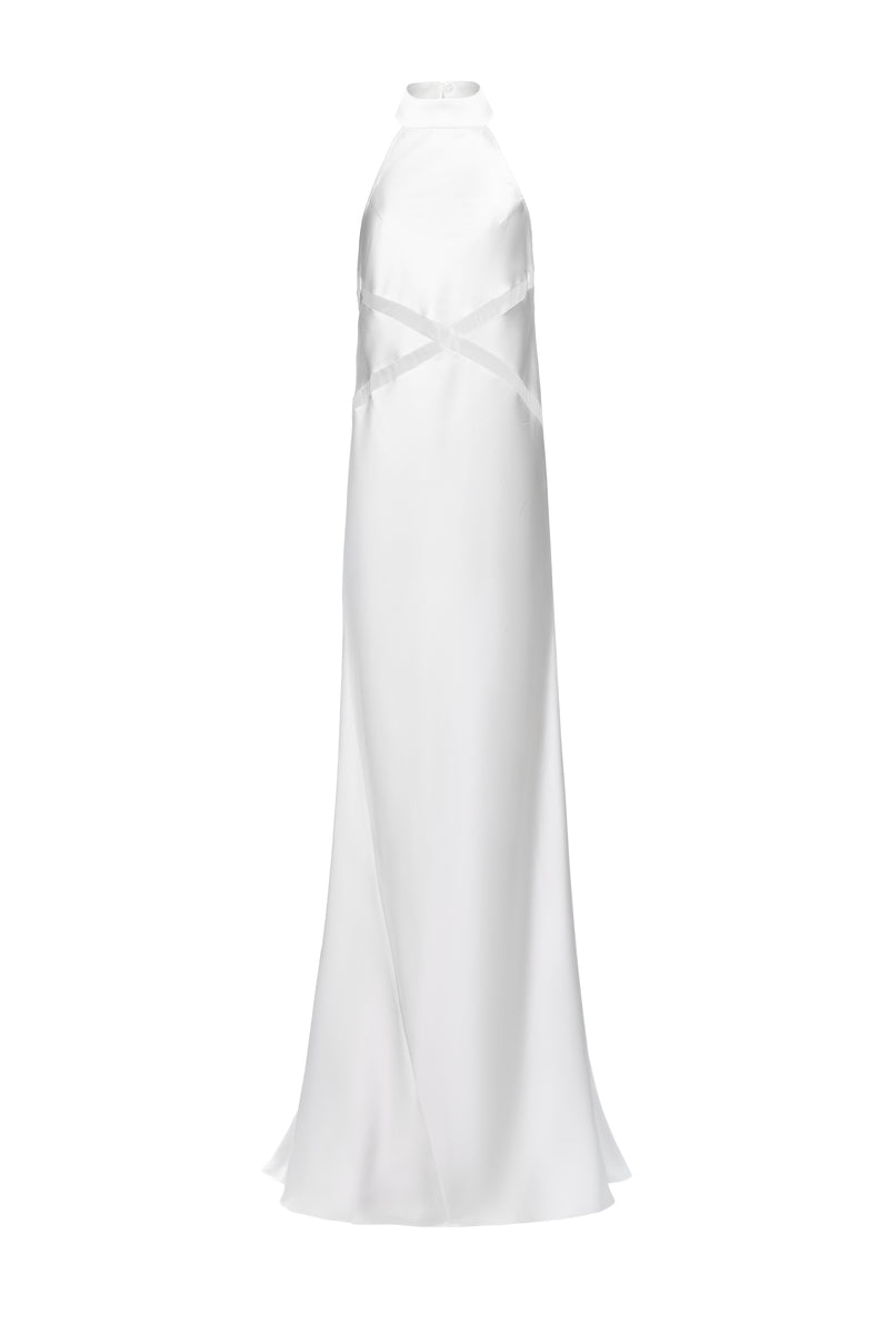 Elegant white gown by MATTERS featuring flowing fabric and a fitted bodice, perfect for formal occasions.
