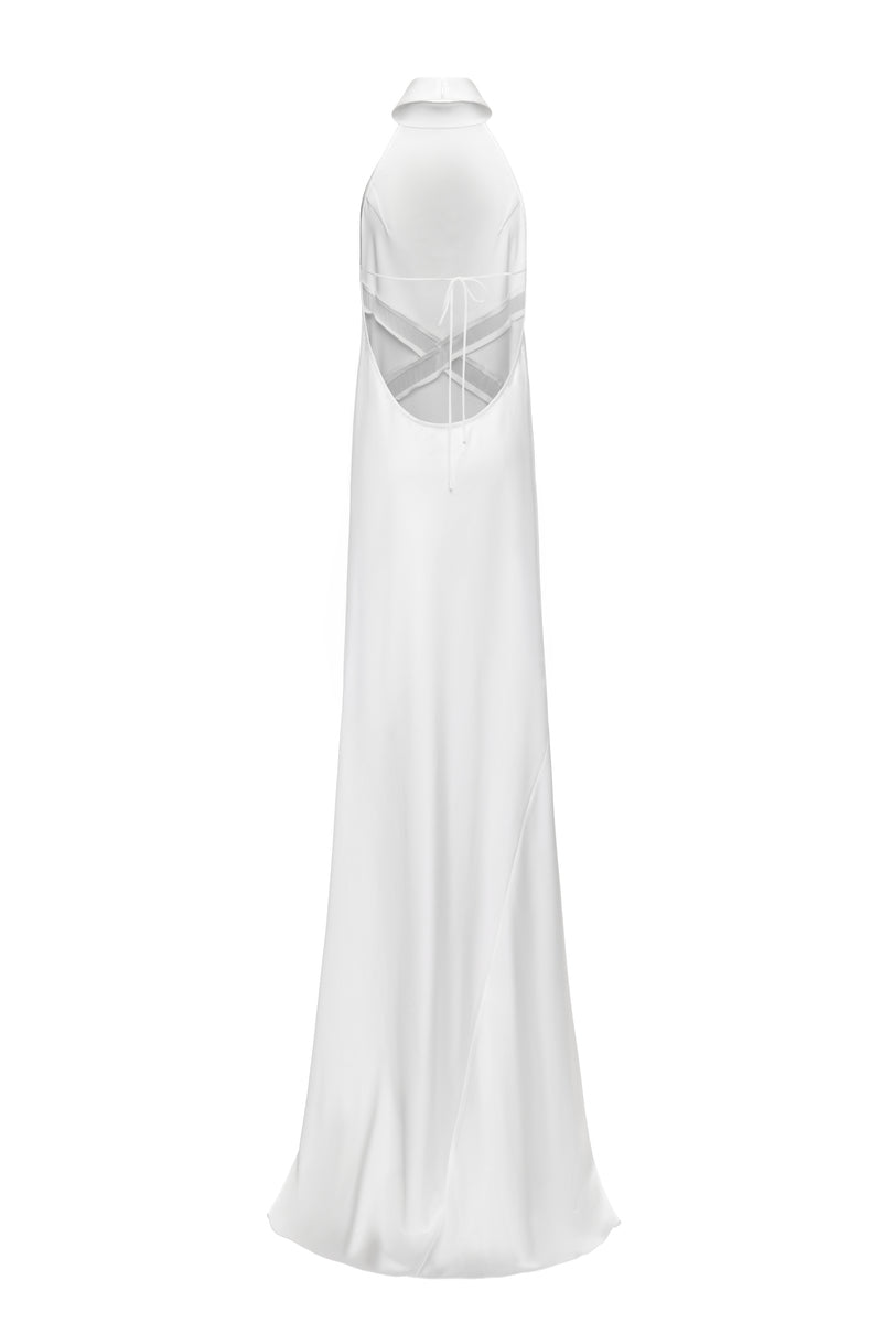 Elegant white gown by Matters featuring flowing fabric and a fitted silhouette, perfect for formal events.