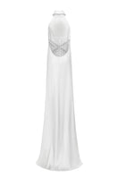 Elegant white gown by Matters featuring flowing fabric and a fitted silhouette, perfect for formal events.