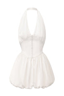 White Lilliana halter mini dress by Nana Jacqueline, featuring a stylish halter neckline and fitted silhouette.