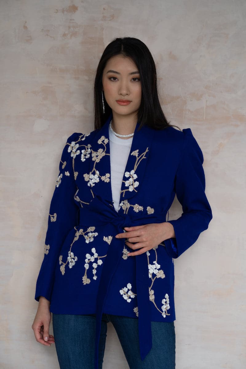 Nadya Shah Lily Fleur de Cerisier jacket featuring floral design, lightweight fabric, and stylish fit, shown on a model.