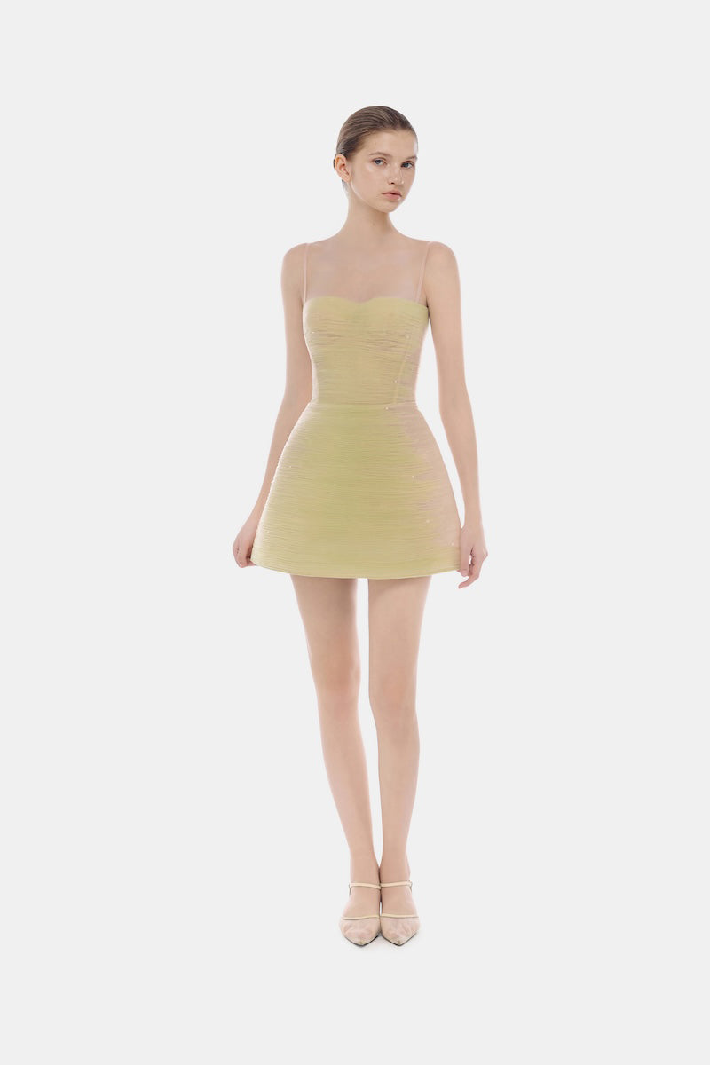 Lime crinkled mini dress by Montsand featuring a stylish, textured design and a flattering fit, perfect for casual or party wear.