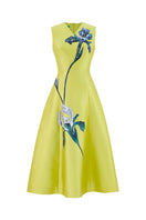 Lime green sleeveless midi dress by Tiny Ink featuring a fitted bodice and flowy skirt, perfect for summer or casual occasions.