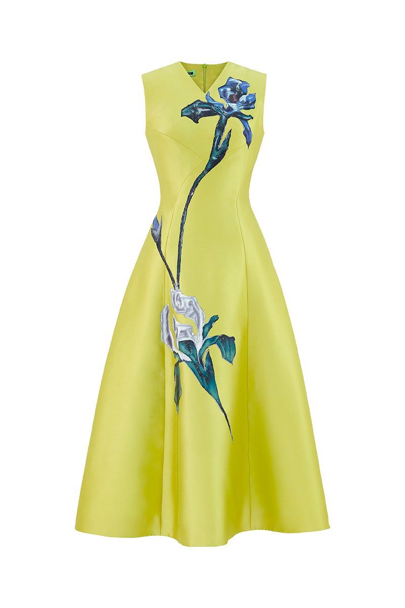 Lime green sleeveless midi dress by Tiny Ink featuring a fitted bodice and flowy skirt, perfect for summer or casual occasions.