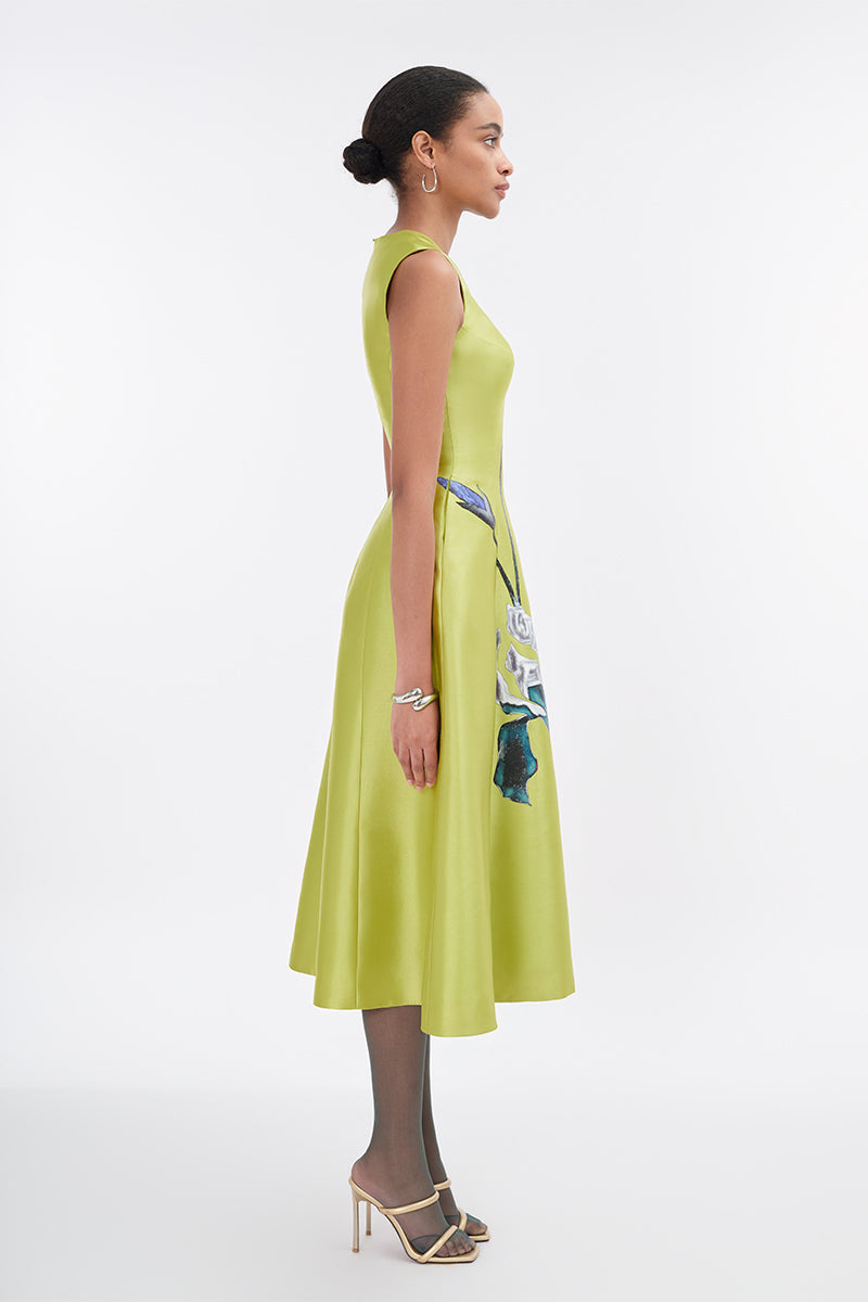 Lime green sleeveless midi dress by Tiny Ink, featuring a fitted bodice and flowing skirt, perfect for casual or semi-formal wear.