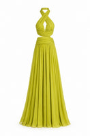Lime draped chiffon maxi dress by Monika Dimova, flowing and elegant with a draped design, perfect for formal occasions.