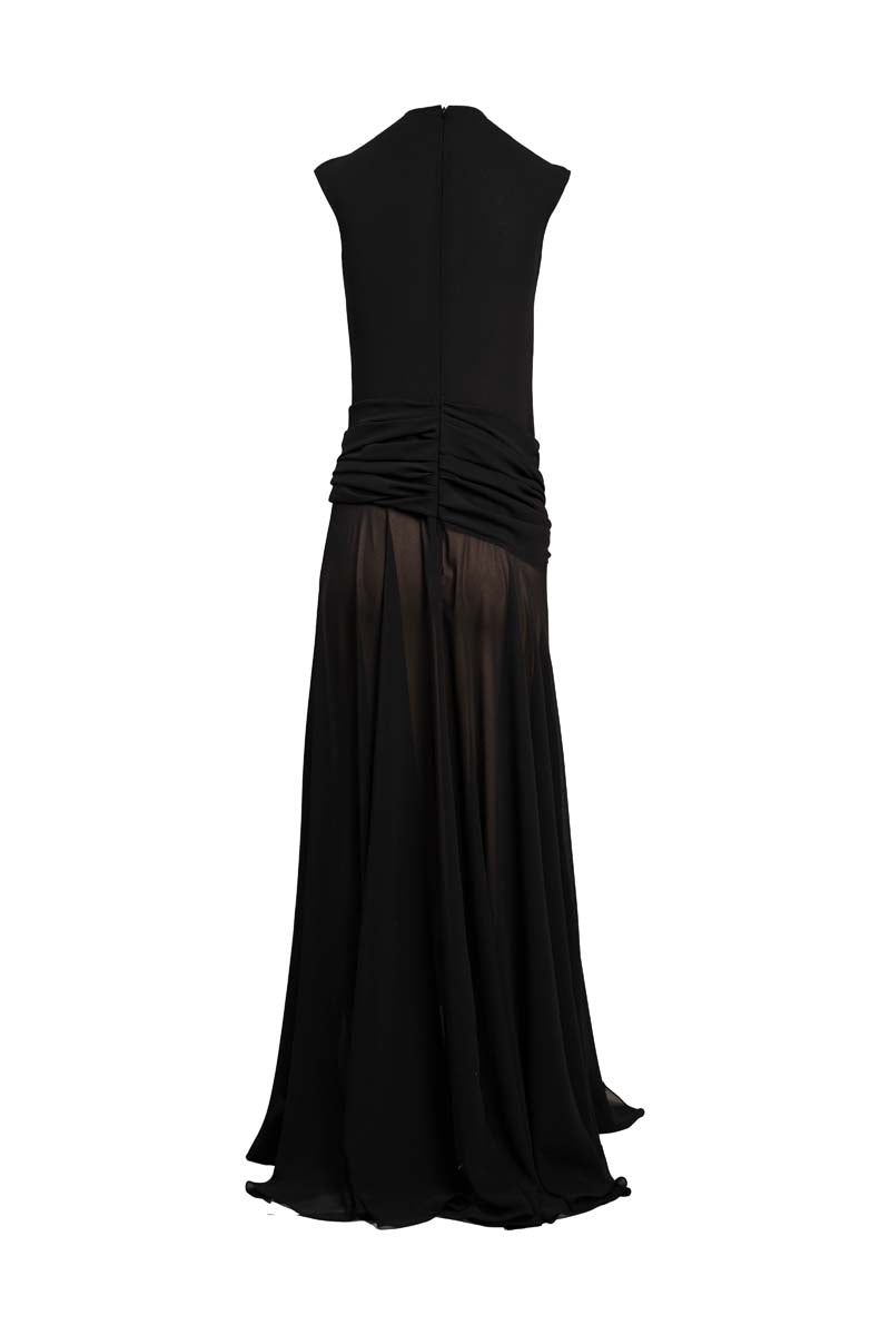 Black YASSMIN SALEH line gown maxi dress with a flowing silhouette and elegant design.