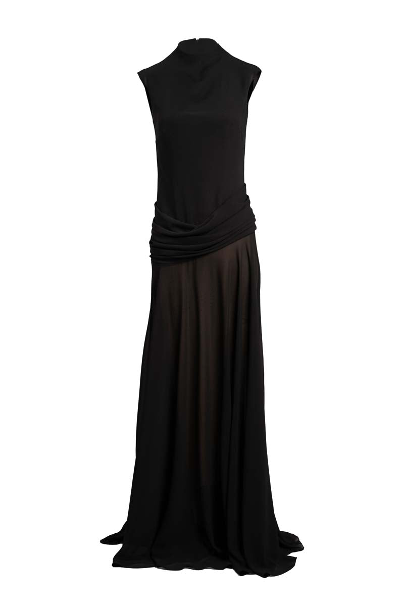 Black YASSMIN SALEH Line Gown maxi dress with ghostly front design, flowing fabric, and elegant silhouette.