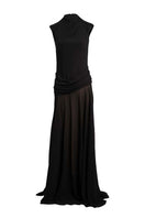 Black YASSMIN SALEH line gown maxi dress with ghostly front design, elegant and flowing for sophisticated style.