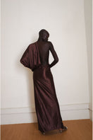 Brown LINGER gown by YASSMIN SALEH, back view of elegant maxi dress with flowing fabric and subtle design details.