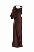 Brown Linger gown by YASSMIN SALEH, a maxi dress featuring a ghost back design and flowing fabric.