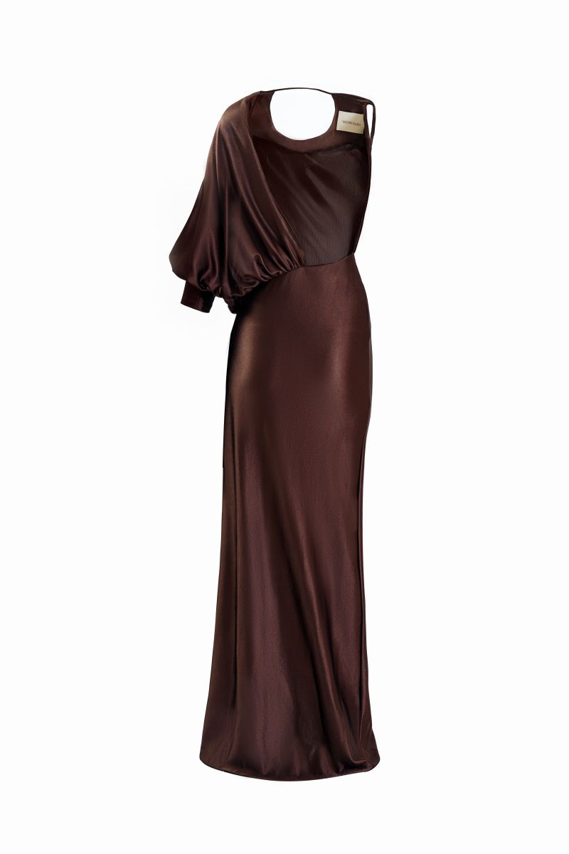 Brown Linger gown by YASSMIN SALEH, a maxi dress featuring a ghost back design and flowing fabric.