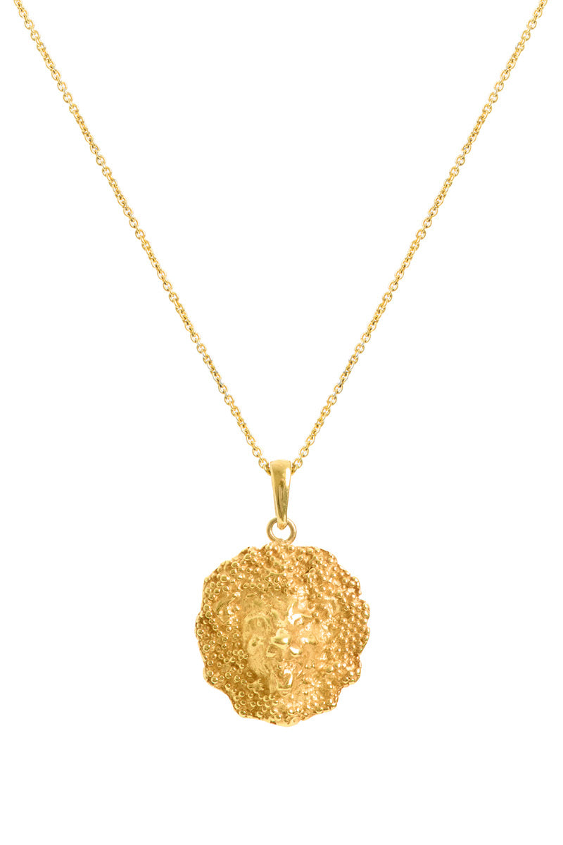 Gold lion necklace by Freya Rose featuring an intricate lion pendant on a delicate chain.