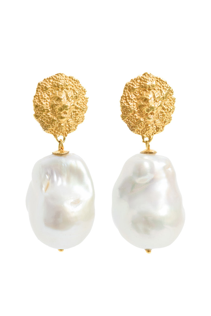 Gold Lion Pearl Drop Earrings by Freya Rose featuring elegant pearl drops and lion motif design for sophisticated style.