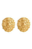Gold lion stud earrings by Freya Rose featuring detailed lion head designs for a bold, statement jewelry look.