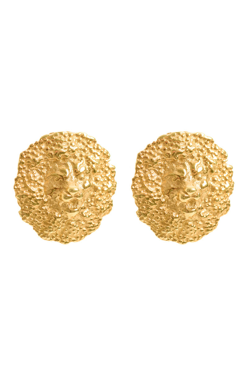 Gold lion stud earrings by Freya Rose featuring detailed lion head designs for a bold, statement jewelry look.