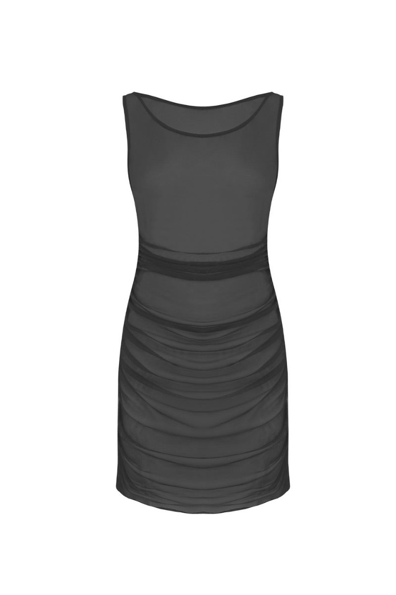 Black Lisa Dress cover-up by Suncillo, lightweight fabric with a flowing design, perfect for beach or poolside wear.