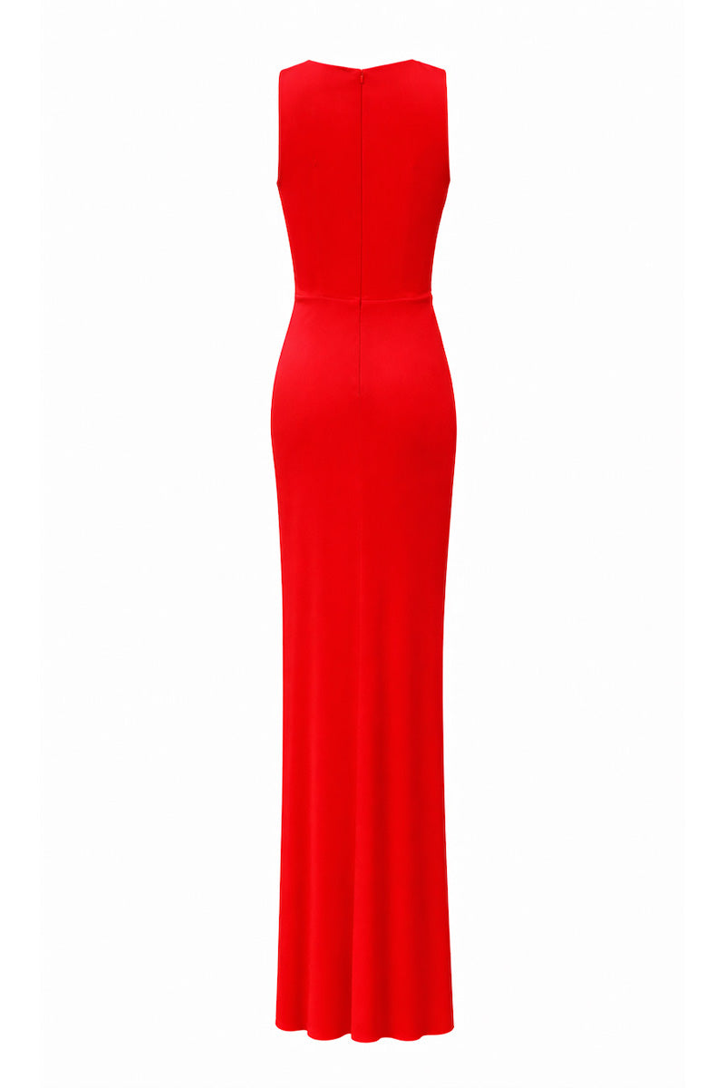 Red Gigii's Maja maxi dress shown from the back, featuring flowing fabric and elegant design.
