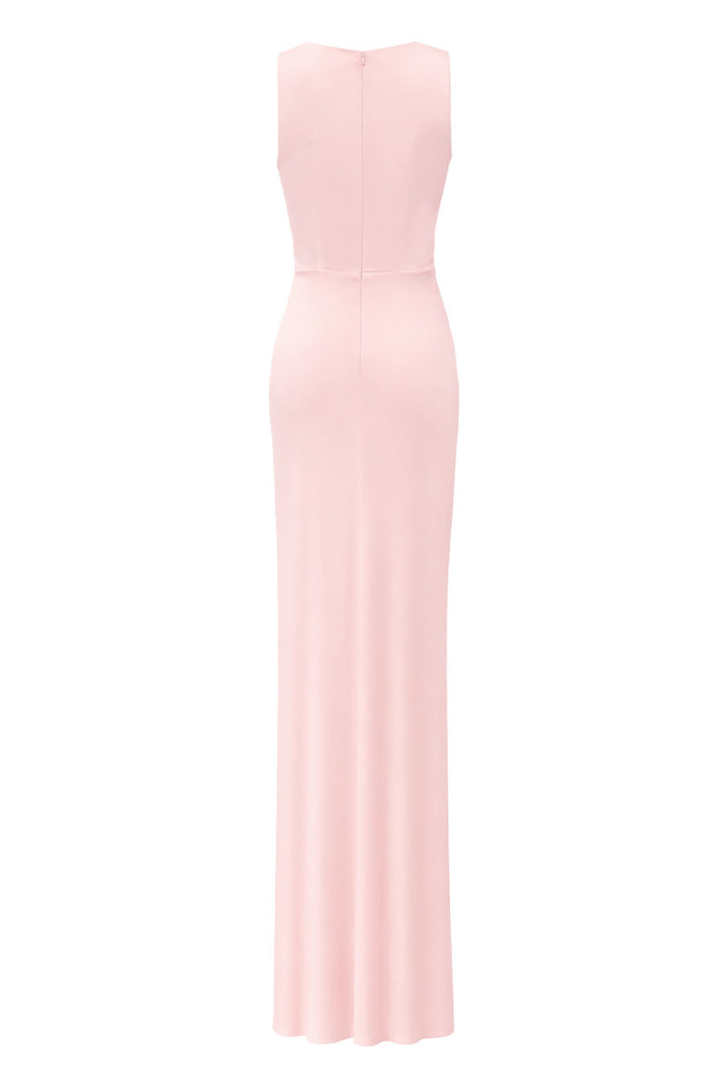 Back view of Gigii's Maja Maxi Dress in Ballerina Pink, featuring flowing fabric and elegant design.