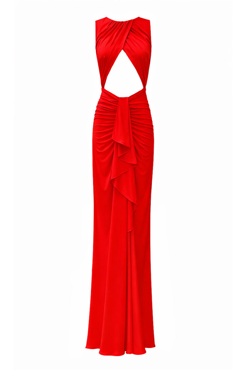 Red Gigii's Maja Maxi Dress featuring a flowy design and elegant front view. Perfect for stylish summer occasions.