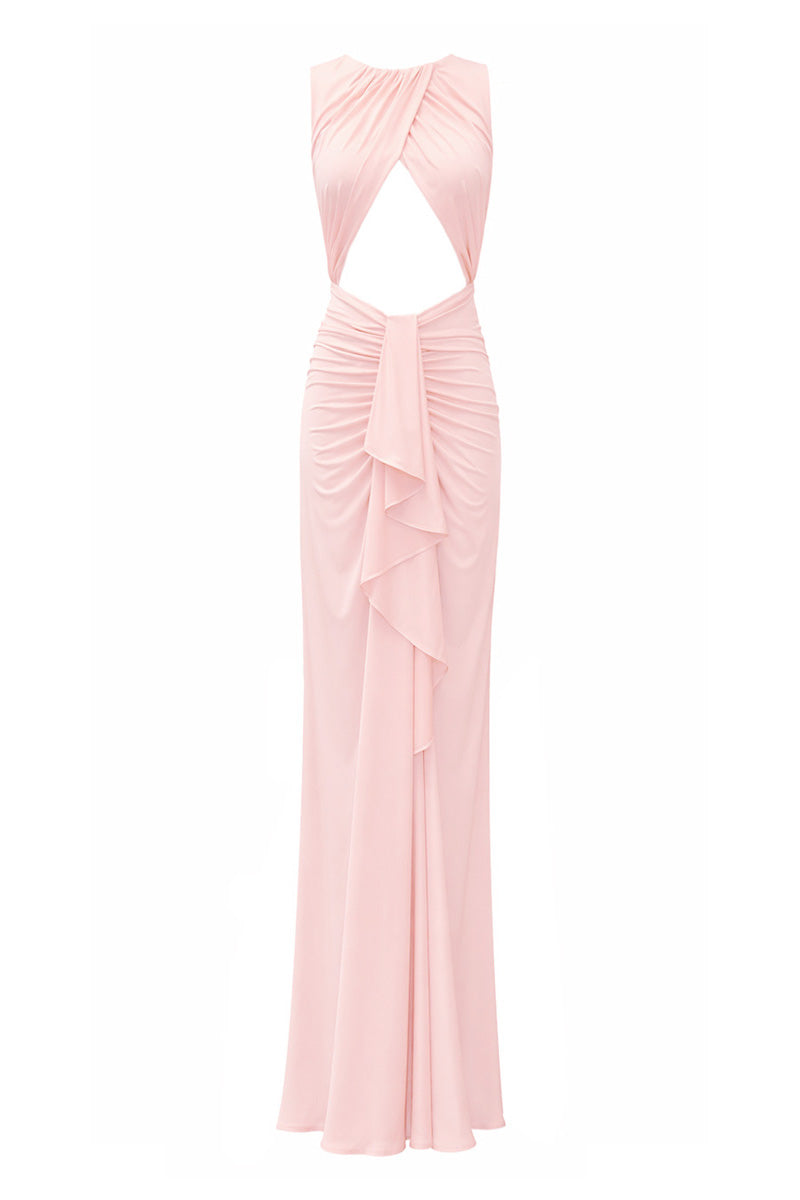 Gigii's Maja maxi dress in ballerina pink, front view showcasing flowy fabric and elegant design.