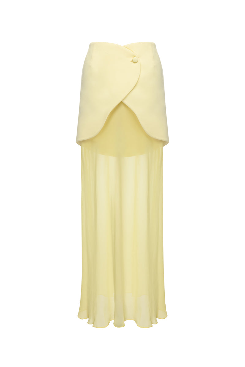 Matters Lola skirt in butter yellow, a flowy maxi skirt made of chiffon fabric with a lightweight, elegant design.