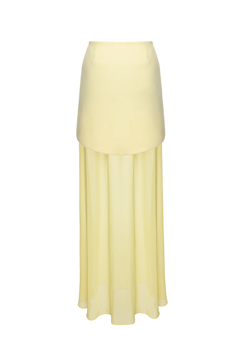 Matters Lola Maxi Skirt in butter yellow with chiffon fabric, flowing design, and high waist for a stylish summer look.