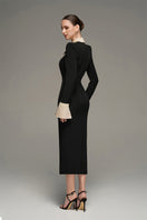 Black and beige V-neck flared cuff midi dress by I.H.F Studio, featuring long sleeves and a sleek crepe fabric.