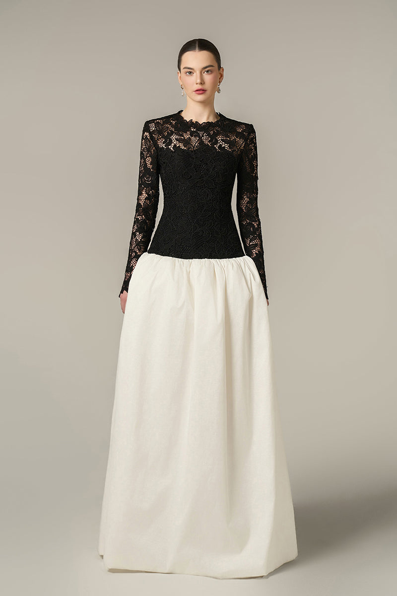 Black and white guipure lace and taffeta gown with long sleeves and a bubble hem by I.H.F, elegant evening dress.