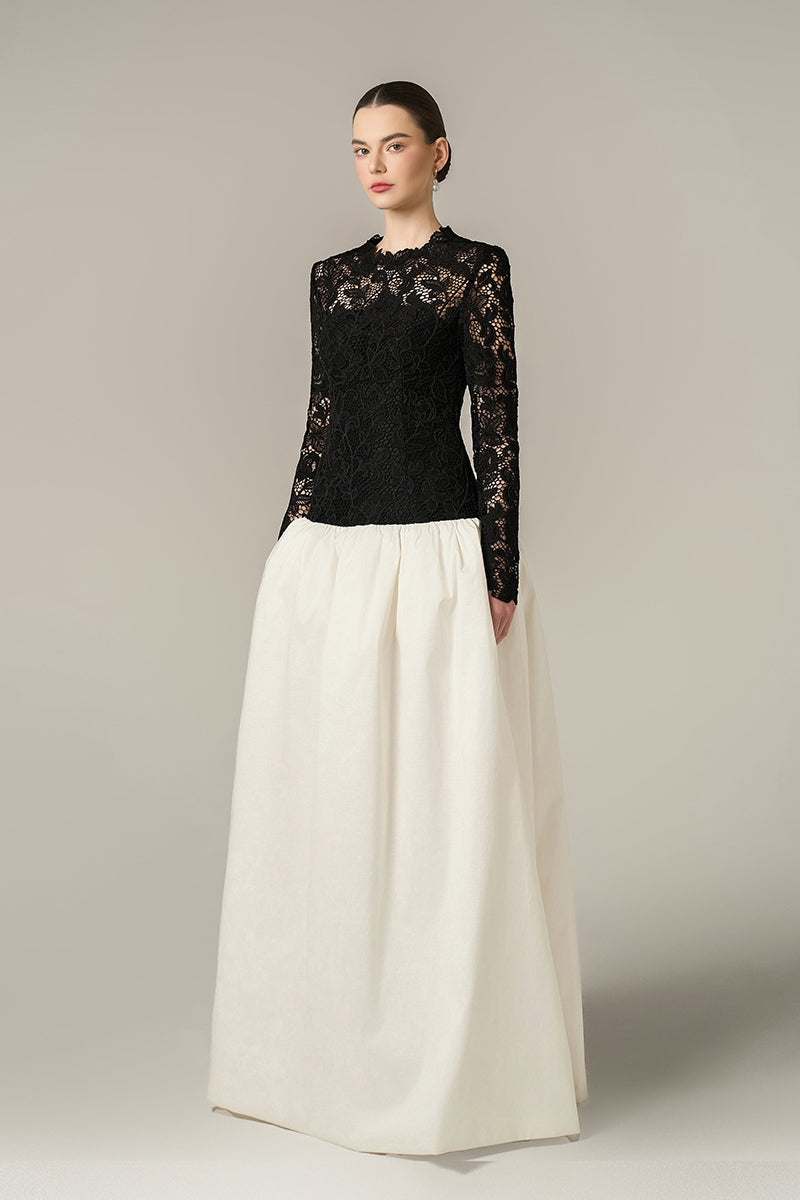 Elegant black and white guipure lace and taffeta gown with long sleeves and a bubble hem by I.H.F.