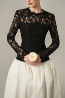 Elegant black and white GUIPURE lace and taffeta gown with long sleeves and a bubble hem by I.H.F.