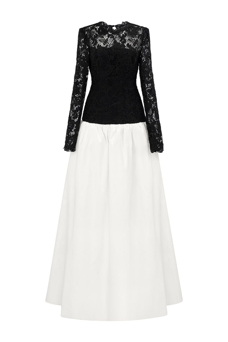 GUIPURE LACE AND TAFFETA DRESS IN BLACK AND WHITE - CULT MIA