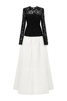 Elegant black and white guipure lace and taffeta gown with long sleeves and a bubble hem by I.H.F.