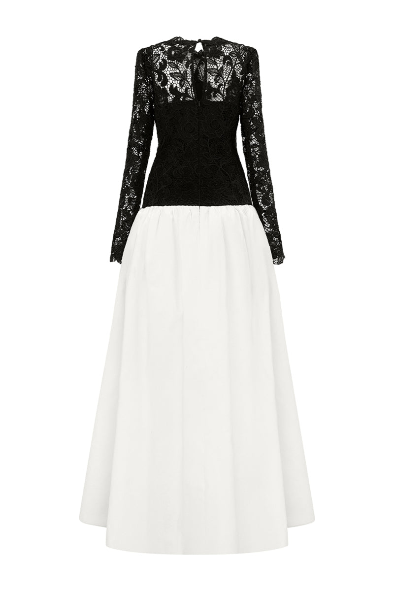 Black and white guipure lace and taffeta gown by I.H.F featuring long sleeves and a bubble hem for elegant evening wear.