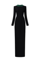 Black Harriet Scuba long sleeve gown by I.H.F featuring a column silhouette and de-constructed collar, elegant evening wear.