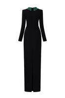 Black Harriet Scuba long sleeve gown by I.H.F featuring a sleek column silhouette and deconstructed collar detail.
