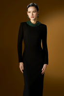Black Harriet scuba long sleeve gown by I.H.F featuring a sleek silhouette and de-constructed collar design.