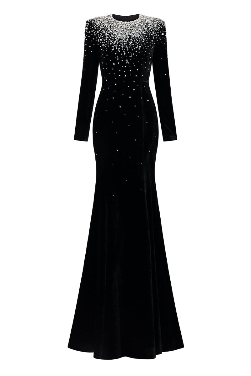 BLACK STONE-EMBELLISHED LONG-SLEEVE GOWN | CULT MIA | Tracy Studio BLACK STONE-EMBELLISHED LONG-SLEEVE GOWN | CULT MIA | Tracy Studio