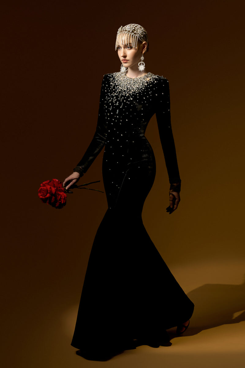 long sleeve fit & flare velvet embellished cocktail dress Women's Velvet Cocktail & Formal Dresses