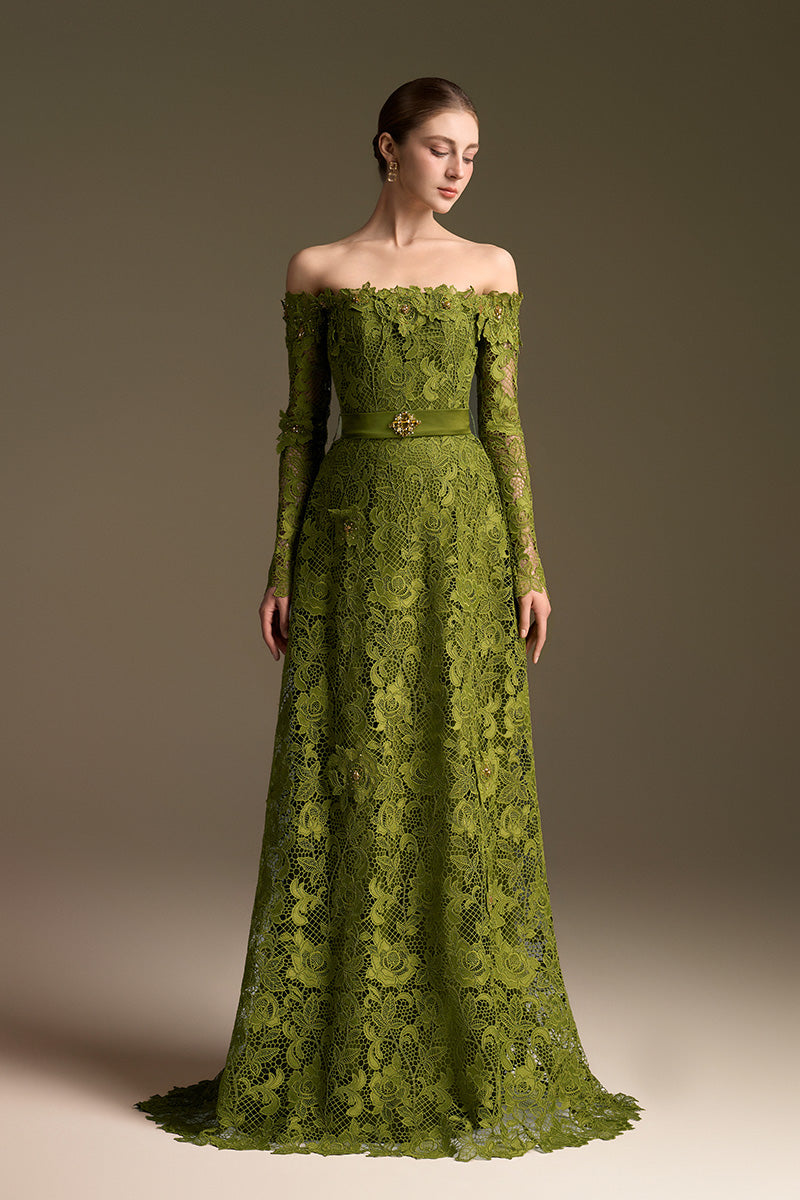 Green CULT MIA X I.H.F long sleeve A-line gown with off-shoulder design, featuring a flowing silhouette and elegant style.